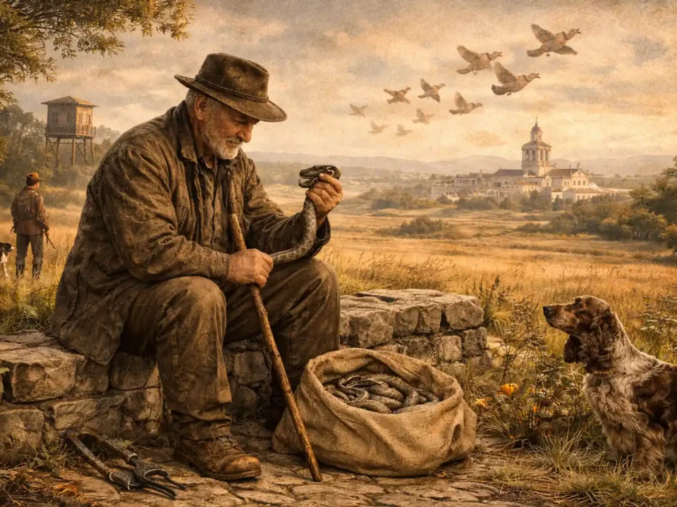 Ilustración antigua de viboreros en el campo: hombre mayor manipula una víbora junto a un saco, con cazador, perro y perdices al fondo en un paisaje rural de Aranjuez.