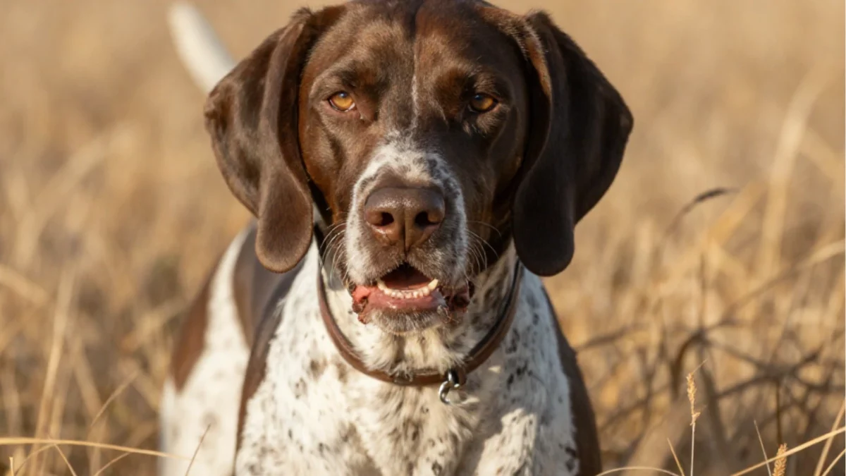 Burgos Pointer, one of the most iconic Spanish dog breeds for hunting, standing in a stubble field